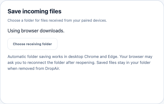 DropAir Save incoming files card with Choose receiving folder button