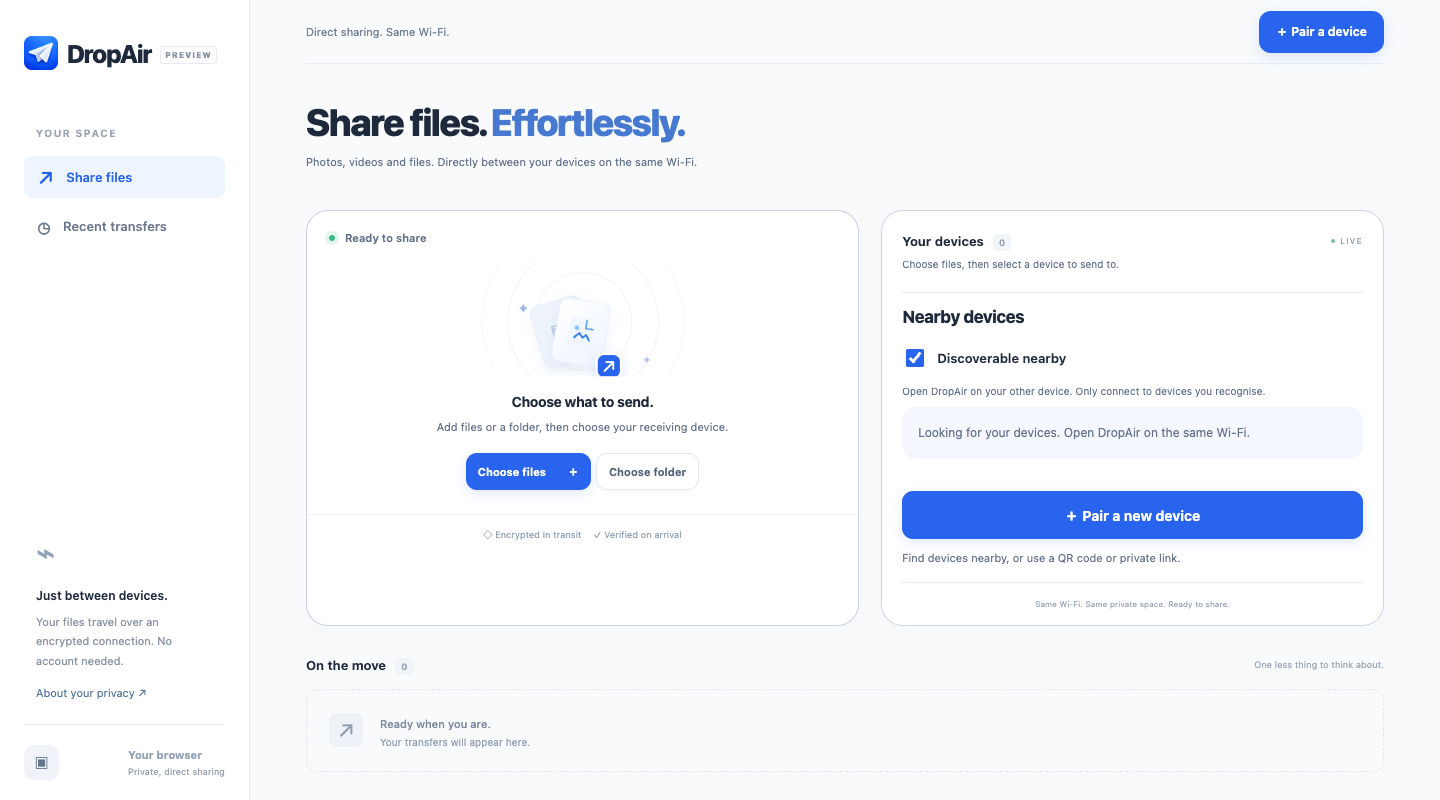 DropAir browser interface with Choose files, Choose folder and Nearby devices controls