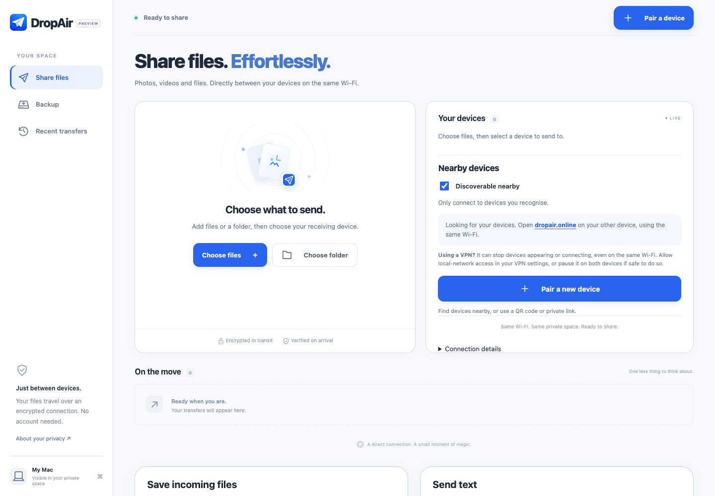 DropAir desktop workspace with Choose files, Choose folder and device pairing controls